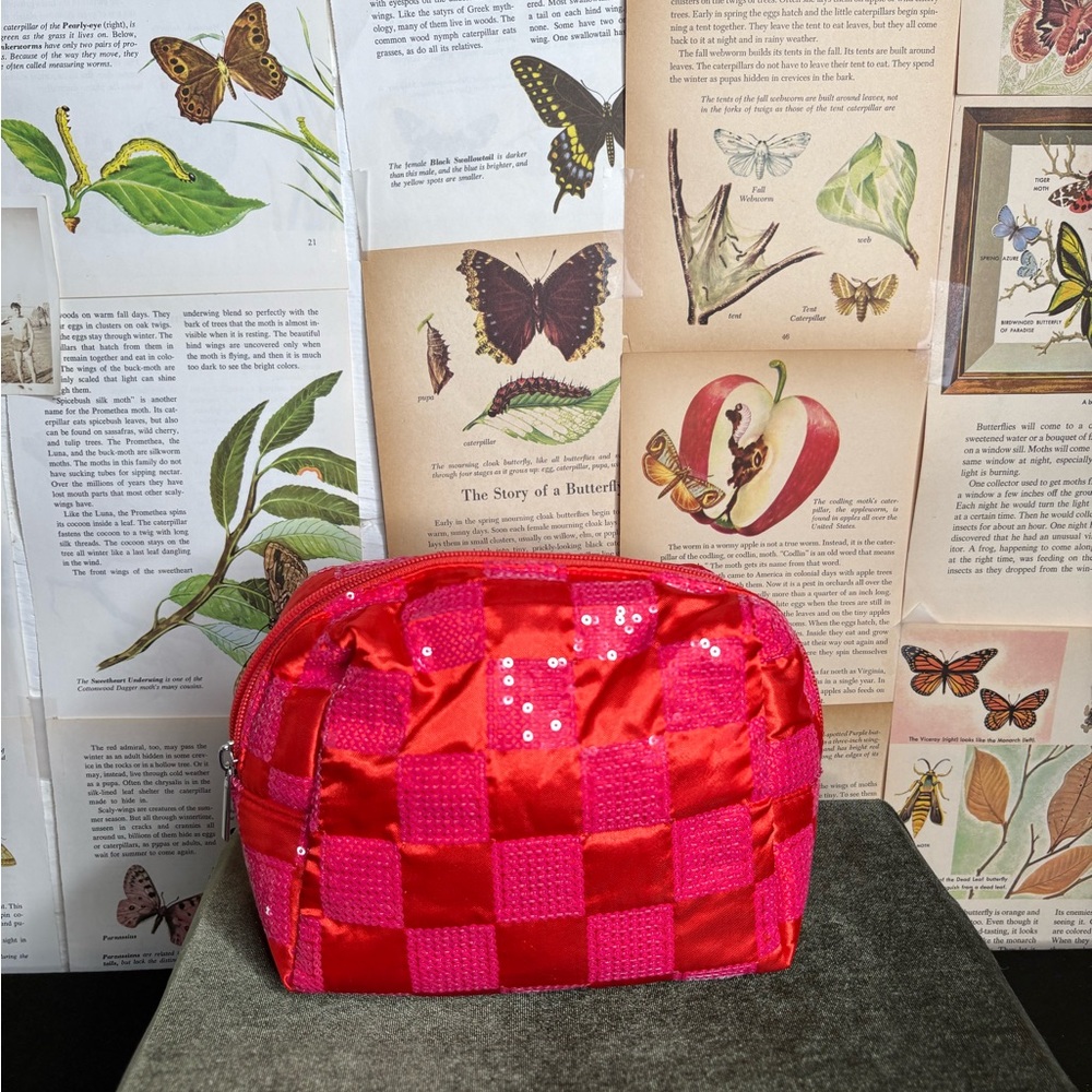 Red and pink sequin makeup bag
